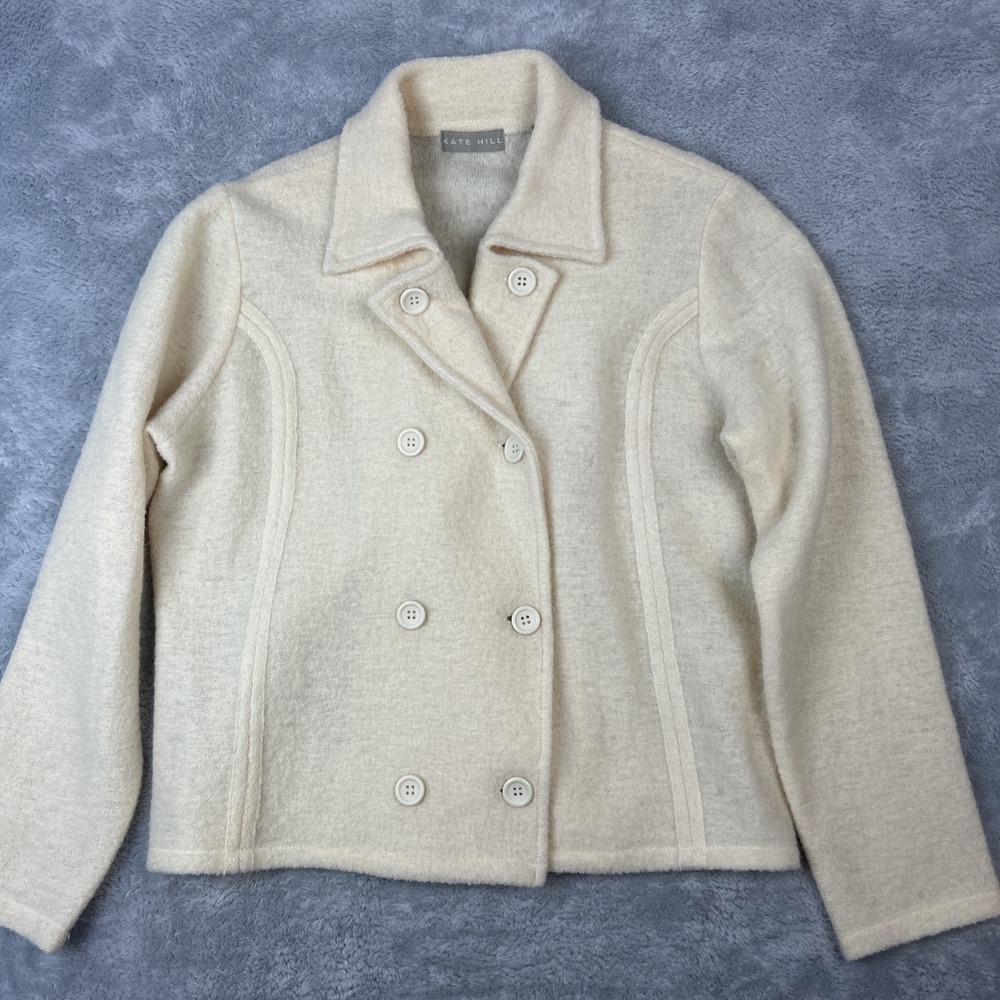 Vtg Kate Hill Women Large 100% New Wool Double Breasted Jacket Ivory Boiled Wool
